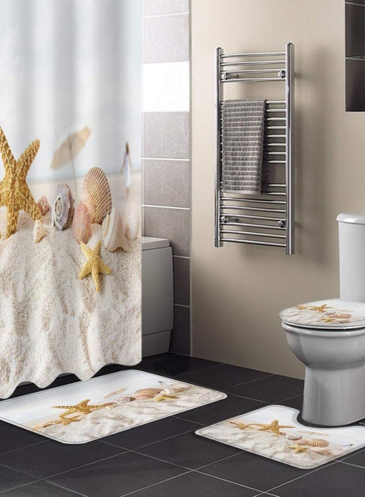 Summer Beach Scenery Shower Curtain Set, 4-Piece Ocean Bathroom Decor with Starfish, Seashells, and Sand Scene, Non-Slip Rug, Toilet Lid Cover, Waterproof Curtain, 12 Hooks Included - Image 1