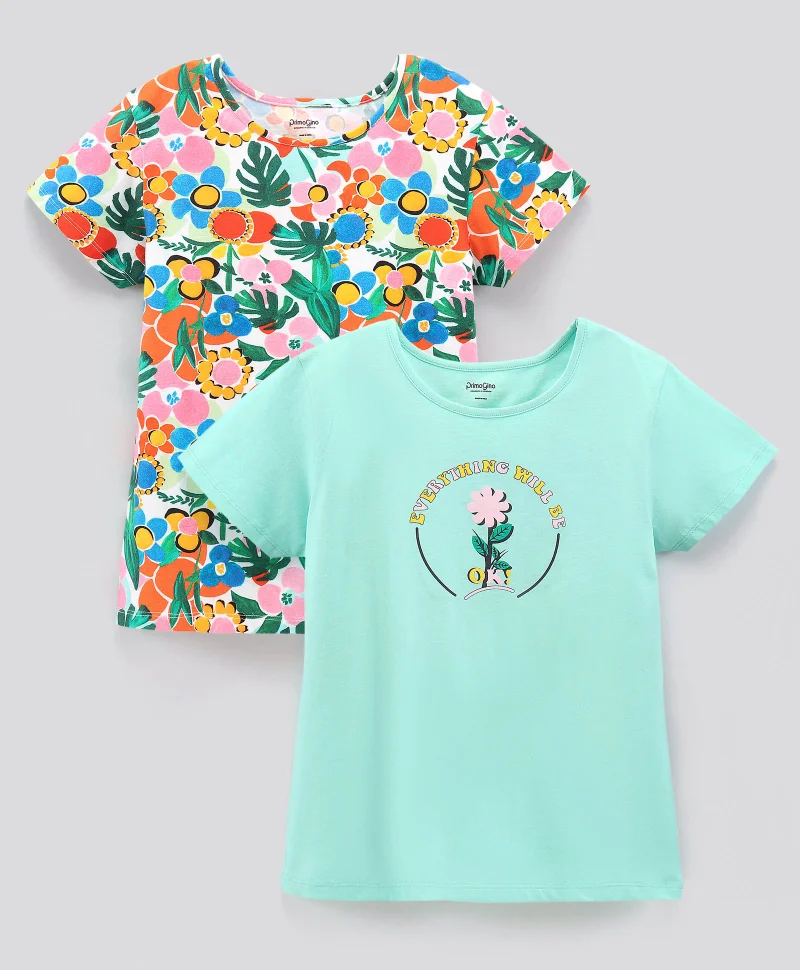 Primo Gino Primo Gino Half Sleeves T-Shirts Floral & Chest Print Pack Of 2 - Green White