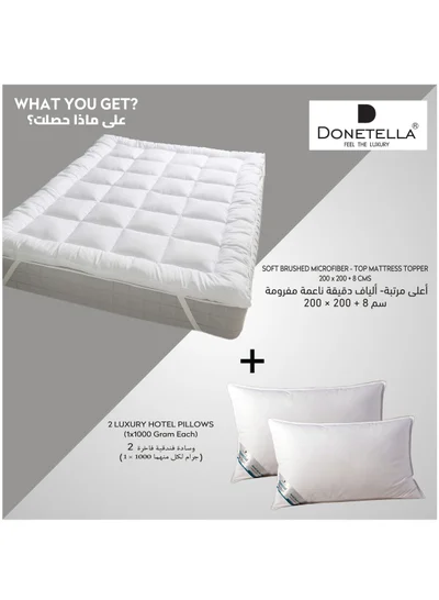 Donetella Combo Pack of  King Size 200x200+8 CMS Hotel Mattress Felt 1000GSM + 2 Pillows (1000 Gram Each) Brushed Microfiber Fabric Topper Soft And Comfortable Pillow ,White