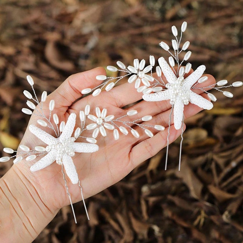 Brishow Bride Wedding Hair Pins Silver Pearl Hair Pin Starfish Hair Clips Bridal Hair Jewelry Accessories for Women and Girls 2 PCS Starfish hair pins