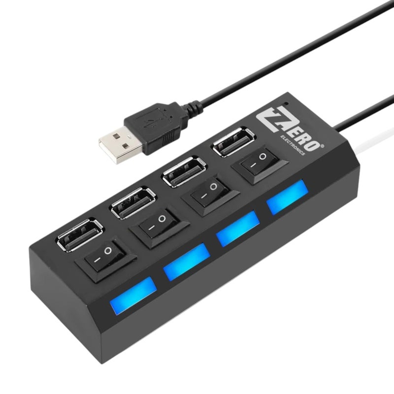USB Hub Adapter Ultra Slim Support Power & Data & LED Light Universal Multi-Port for Laptop, PC, MacBook, Flash Drives, Mobile, mouse, keyboard, Desktop, Extend cable 30CM (Black, USB 2.0, 4 Port)