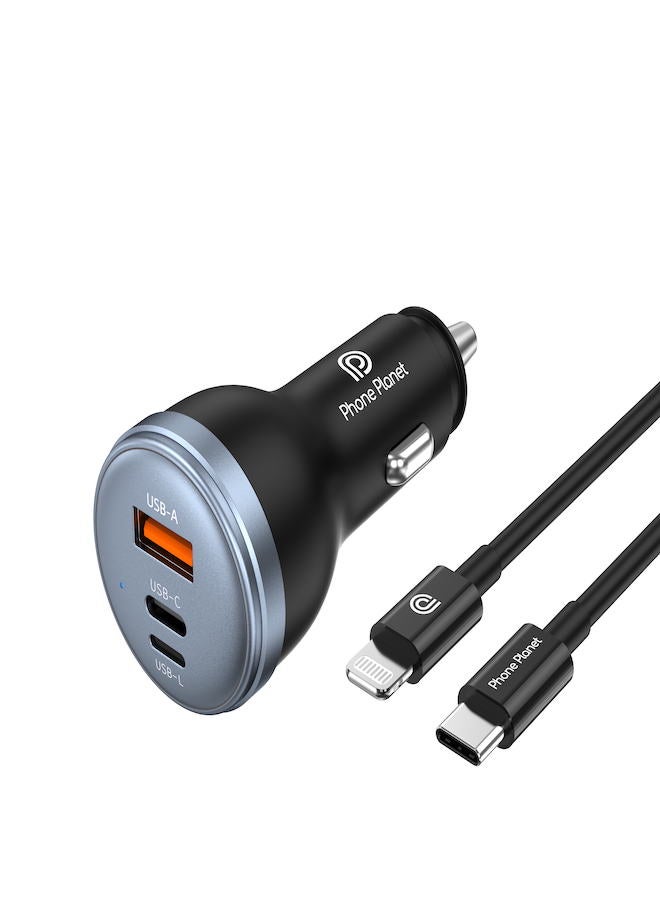 فون بلانيت شاحن سيارة متوافق مع ابل مع كيبل متوافق مع ابل سياره ثلاث منافذ يو اس بي و بي دي بقوة 80 واط - Image 2