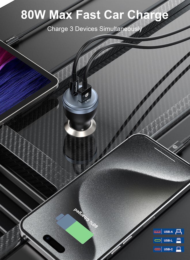 فون بلانيت شاحن سيارة متوافق مع ابل مع كيبل متوافق مع ابل سياره ثلاث منافذ يو اس بي و بي دي بقوة 80 واط - Image 3