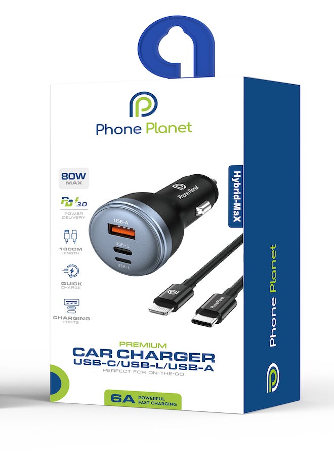 فون بلانيت شاحن سيارة متوافق مع ابل مع كيبل متوافق مع ابل سياره ثلاث منافذ يو اس بي و بي دي بقوة 80 واط - Image 1