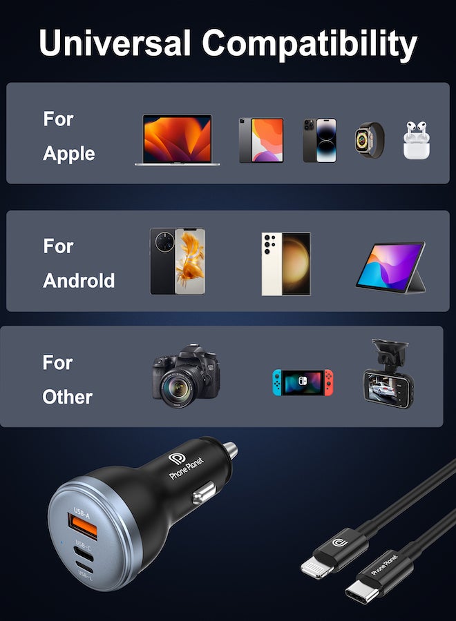 فون بلانيت شاحن سيارة متوافق مع ابل مع كيبل متوافق مع ابل سياره ثلاث منافذ يو اس بي و بي دي بقوة 80 واط - Image 4
