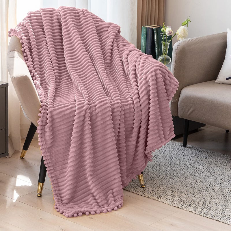 DISSA Fleece Blanket Throw Size â€“ 51x63, Pink â€“ Soft, Plush, Fluffy, Fuzzy, Warm, Cozy â€“ Perfect Throw for Couch, Bed, Sofa - with Pompom Fringe - Flannel Blanket Throw Blanket - Image 4