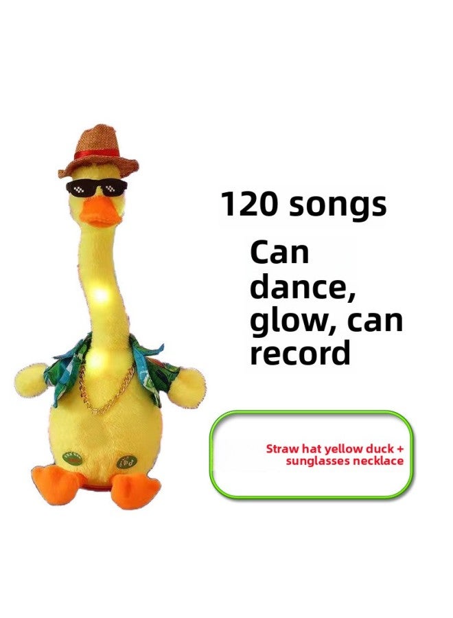 Twisting Goose Toy Internet Red Little Yellow Duck Learn To Talk Birthday Gift Little White Duck Dancing Duck Neck Free Shipping-Color:Straw Hat Little Yellow Duck With Sunglasses Necklace Recording Learning To Speak Glowing Dancing-Proportion:{battery Model}  - Image 1