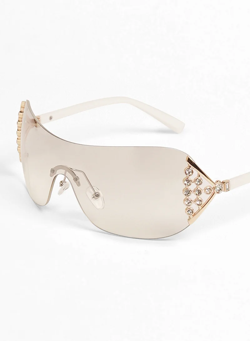 Haute Sauce Haute Sauce Women's The Bling Wrap Sunglasses For Casual Wear | One-Size | Daisy White Polycarbonate Frame | Midnight Black Polarized Lens | Rimless | Eyewear For Woman & Girls