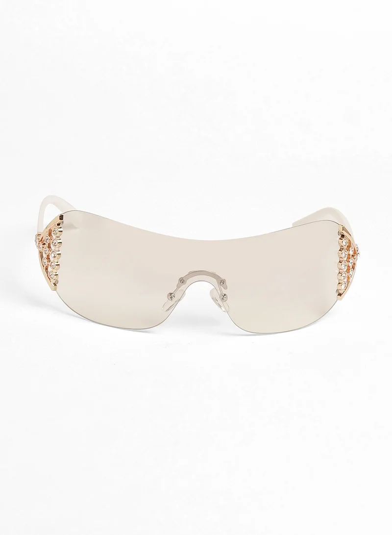 Haute Sauce Haute Sauce Women's The Bling Wrap Sunglasses For Casual Wear | One-Size | Daisy White Polycarbonate Frame | Midnight Black Polarized Lens | Rimless | Eyewear For Woman & Girls