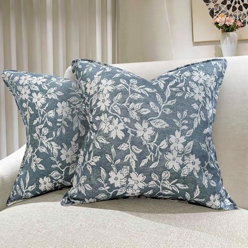 makkey Floral Pillow Covers 18x18 Inch Set of 2 Pastoral Throw Pillow Covers Jacquard Pillowcovers Couch Pillows for Living Room Farmhouse Accent Sofa Pillows - Image 1