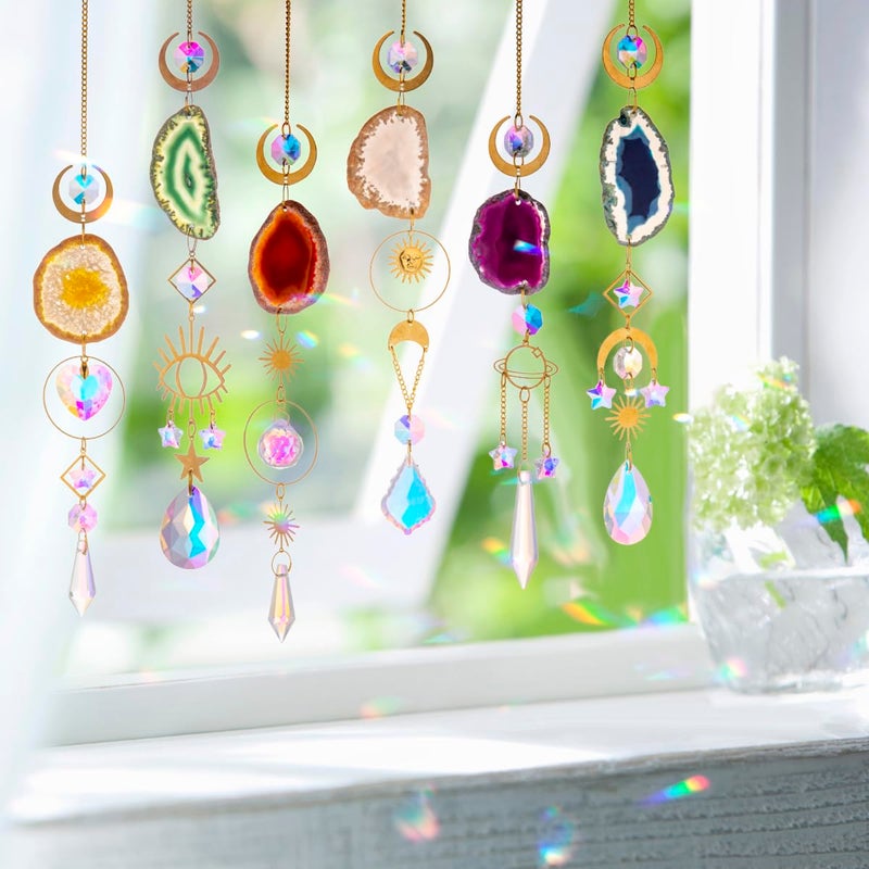 WEISIPU WEISIPU Set of 6 Crystal Sun Catchers  Window Hanging Sun Catchers with Crystals and Agate Slices Wind Chimes Ornaments Decor Prism for Home Car Window Party Decorations6 Pcs 