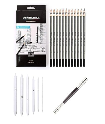 kreni kreni Set of 24 Degree Graphite Pencil14B12B10B9B8B7B6B5B4B3B2BBHBFH 9H With Set of 6 White Paper Art Blending Stumps and One 13cm Twin Side Pencil Extender  - Image 1