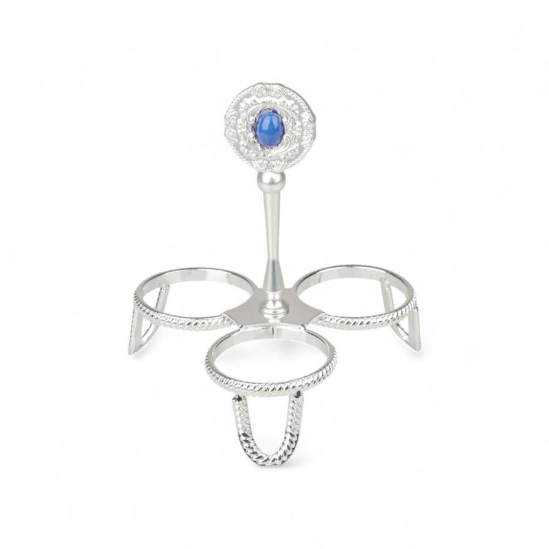 Soleter Queen Cup Holder 13cm Matte Silver/Blue - 3-Cup Metal Stand with Decorative Blue Stone Finial & Rope Edge Detail, Premium Serveware for Wedding & Home Decor