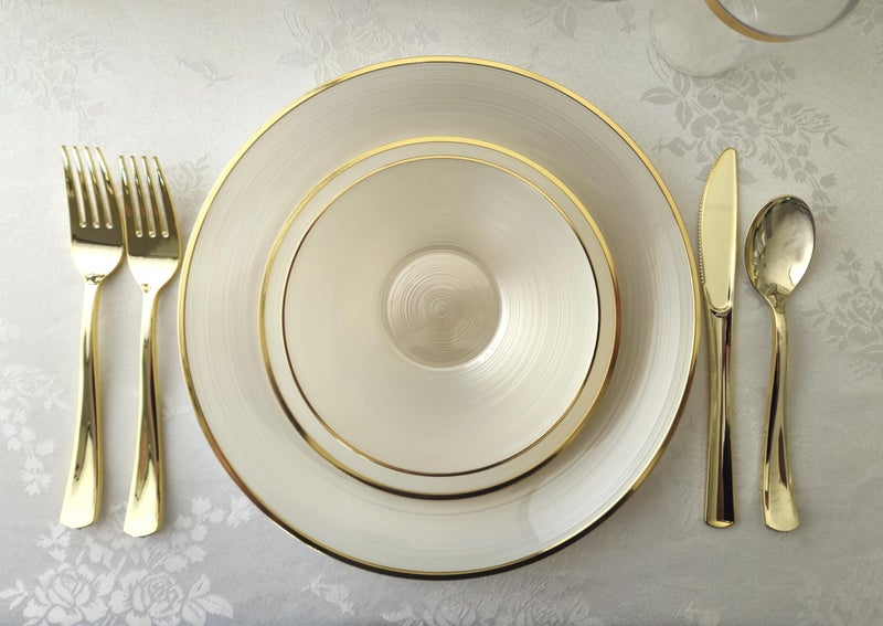 OCCASIONS FINEST PLASTIC TABLEWARE " OCCASIONS " 50 Plates Pack (25 Guests)-Wedding Party Disposable Plastic Plate Set -25 x 10'' Dinner + 25 x 7'' Salad & Dessert plates (Belize in Ivory & Gold) - Image 5