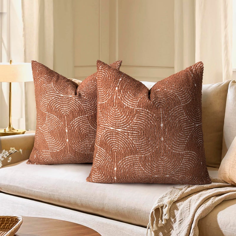 AELS Boho Decorative Textured Throw Pillow Covers 22x22, Modern Mid Century Rainbow Tufted Pillow Case, Farmhouse Rustic Geometric Woven Cushion Case for Bed Couch Sofa, Burnt Orange - Image 1