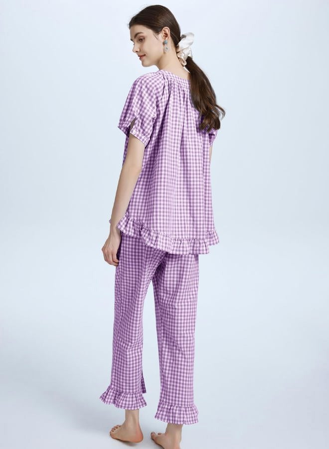 Flygo Womens Plaid 2 Piece Pajamas Sets Gingham Button Down Puff Sleeve Babydoll Shirt Ruffle Pants Y2K Pjs Lounge Set, Purple, M - Image 4