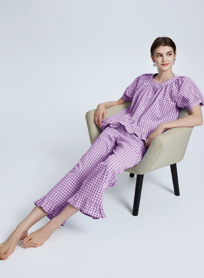 Flygo Womens Plaid 2 Piece Pajamas Sets Gingham Button Down Puff Sleeve Babydoll Shirt Ruffle Pants Y2K Pjs Lounge Set, Purple, M - Image 5