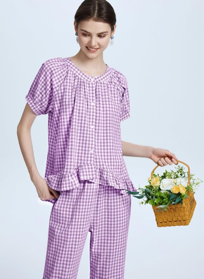 Flygo Womens Plaid 2 Piece Pajamas Sets Gingham Button Down Puff Sleeve Babydoll Shirt Ruffle Pants Y2K Pjs Lounge Set, Purple, M - Image 3