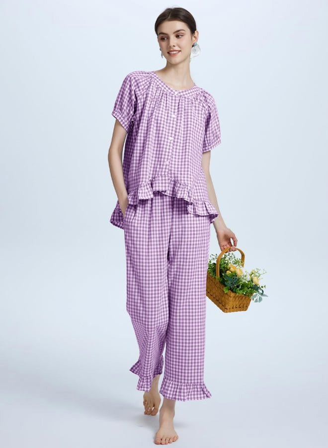 Flygo Womens Plaid 2 Piece Pajamas Sets Gingham Button Down Puff Sleeve Babydoll Shirt Ruffle Pants Y2K Pjs Lounge Set, Purple, M - Image 2