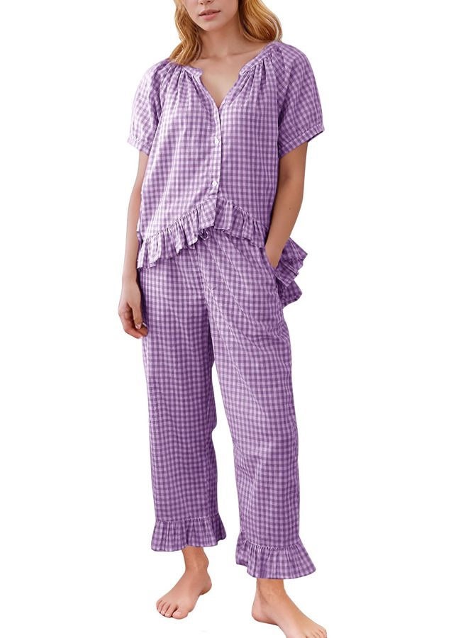 Flygo Womens Plaid 2 Piece Pajamas Sets Gingham Button Down Puff Sleeve Babydoll Shirt Ruffle Pants Y2K Pjs Lounge Set, Purple, M - Image 1