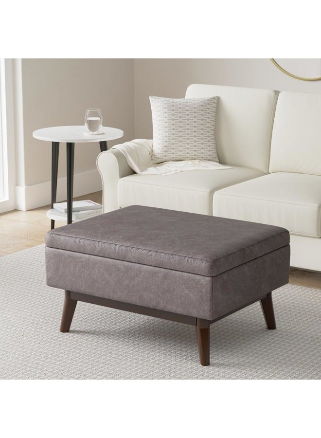 Simpli Home Owen 34 inch Wide Rectangle Coffee Table Lift Top Storage Ottoman, Cocktail Footrest Stool in Upholstered Distressed Grey Taupe Faux Air Leather, Mid Century Modern, Living Room - Image 2