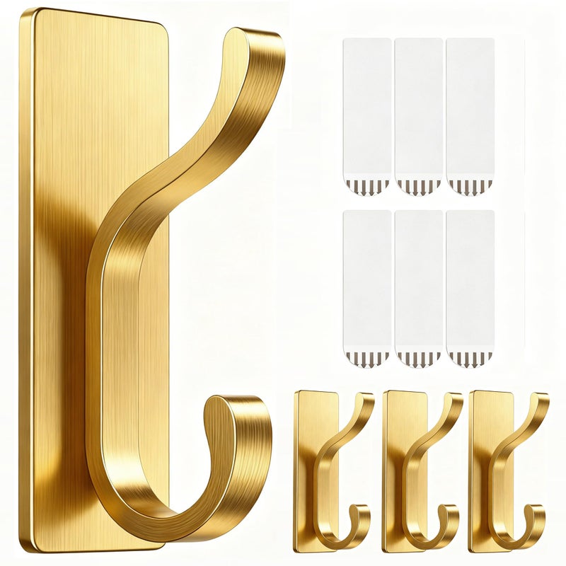 pickpiff Wall Hooks with Adhesive Strip- Easy to Remove, No Residue, Strong Heavy Duty Sticky Towel Hook, 4 Pack Brushed Gold - Image 1