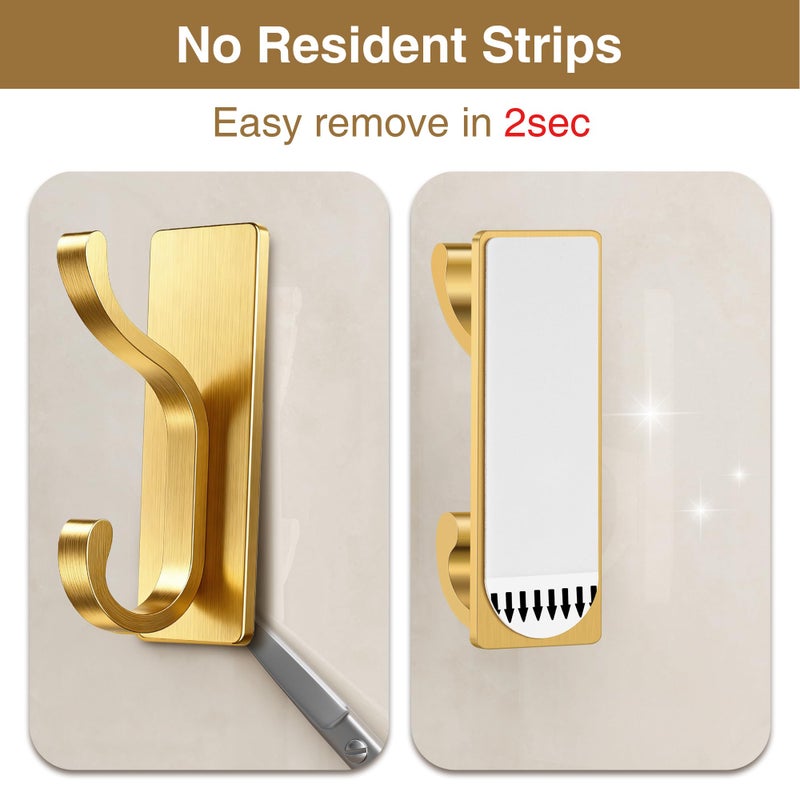 pickpiff Wall Hooks with Adhesive Strip- Easy to Remove, No Residue, Strong Heavy Duty Sticky Towel Hook, 4 Pack Brushed Gold - Image 2