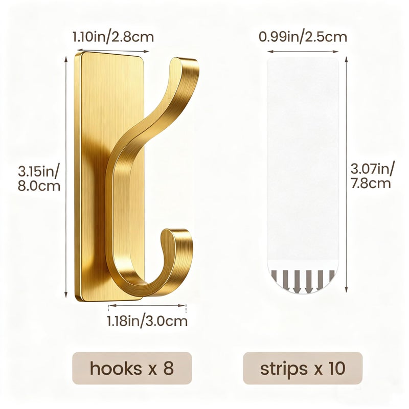 pickpiff Wall Hooks with Adhesive Strip- Easy to Remove, No Residue, Strong Heavy Duty Sticky Towel Hook, 4 Pack Brushed Gold - Image 4