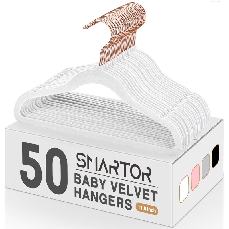 Smartor Premium Baby Hangers Velvet For Closet 50 Pack  11.8"" Durable Kids Felt Hangers Non Slip For Toddler  Baby Clothes Hangers For Childrens On Closet Storage (Rose Gold Hook)- White - Image 1