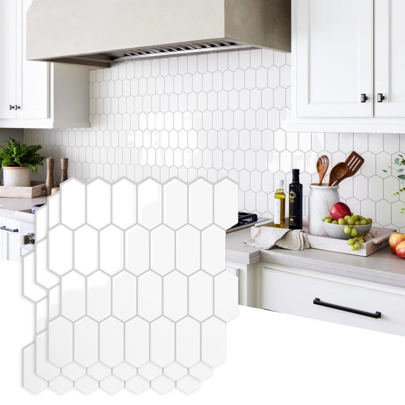 Vamos Tile Upgraded Thicker Design Peel and Stick Backsplash Tile, 10-Sheet Pure White with Gray Grout Long Hexagon Self Adhesive Wall Tiles Stick On Backsplash for Kitchen Bathroom RV Fireplace - Image 1