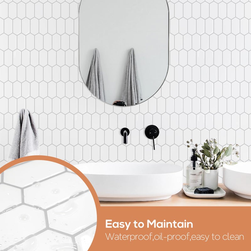 Vamos Tile Upgraded Thicker Design Peel and Stick Backsplash Tile, 10-Sheet Pure White with Gray Grout Long Hexagon Self Adhesive Wall Tiles Stick On Backsplash for Kitchen Bathroom RV Fireplace - Image 4