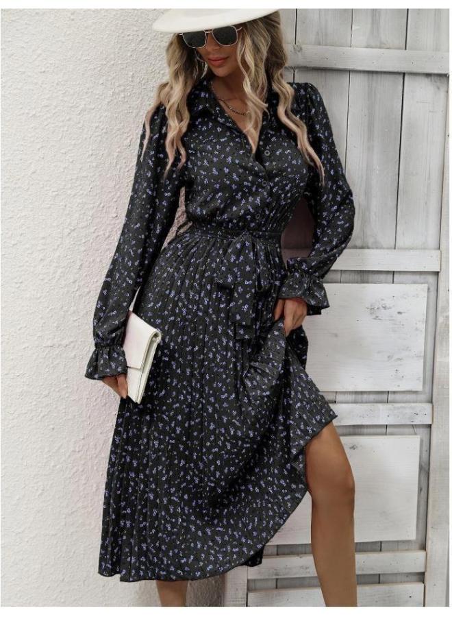 European And American Women's Clothing Autumn Fashion Folding Lace-up Waist Long Sleeve Dress