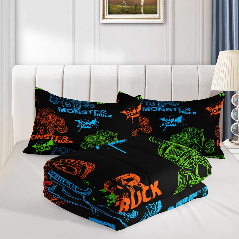 QOOMO Truck Comforter Twin Size,Black Truck Kids Comforter Set,Cars 3Pcs Bedding Set Printed Comforter with 2 Pillowcases,Down Alternative,Soft and Lightweight,for All Seasons - Image 3