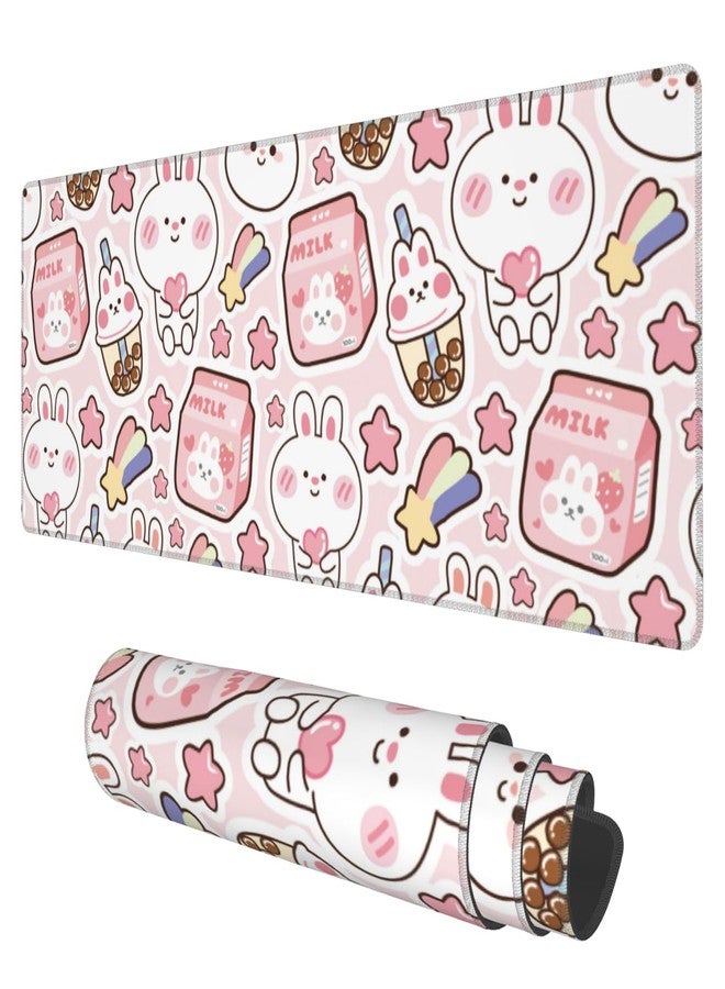 KOAIWPAE Desk Mat, Pink Kawaii Rabbit Extended Gaming Mouse Pad Large, 31.5"x11.8" Big Mouse Pad with Non-Slip Base and Stitched Edge, Long Computer Keyboard Mouse Mat for Home Office Work - Image 1