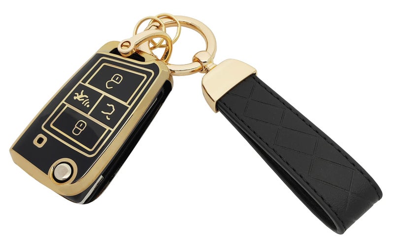 AYGUCEKE TPU Protective Key Fob Cover Case Compatible with VW Volkswagen Golf R GTI MK6 MK7Tiguan Taos Passat Jetta Beetle Polo Folding Flip Key Fob Black