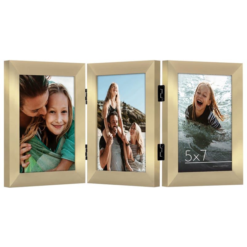 Americanflat Hinged 3 Picture Frame 5x7 with Shatter-Resistant Glass - Signature Collection - Foldable Picture Frame for Tabletop Display - Gold - Image 1