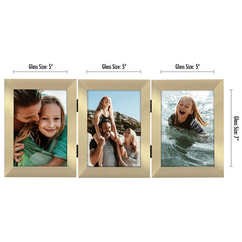 Americanflat Hinged 3 Picture Frame 5x7 with Shatter-Resistant Glass - Signature Collection - Foldable Picture Frame for Tabletop Display - Gold - Image 2