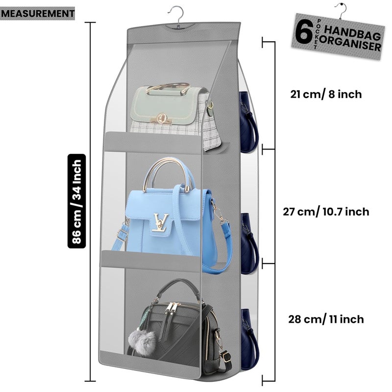 OxbOw 6 Pocket Handbag Organizer Bag Organiser For Ladies Handbags Purse Organiser For Handbag Closet Organizer For Wardrobe Tote Bag Organiser Bag Hanger 90 X 35 X 35 Cm Pack of 1 Grey - Image 4