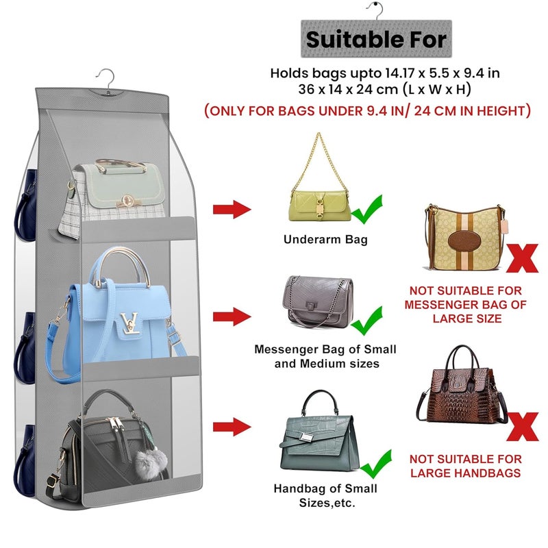 OxbOw 6 Pocket Handbag Organizer Bag Organiser For Ladies Handbags Purse Organiser For Handbag Closet Organizer For Wardrobe Tote Bag Organiser Bag Hanger 90 X 35 X 35 Cm Pack of 1 Grey - Image 5