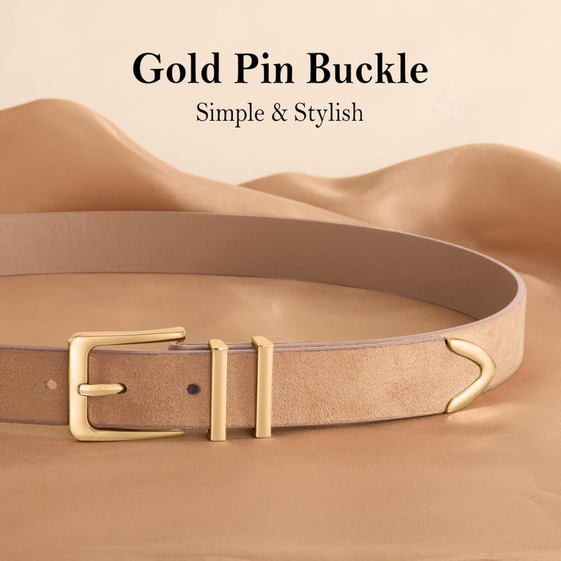 WHIPPY Women Suede Belt with Gold Buckle Fashion Ladies Casual Leather Belt for Jeans Pant Coats, Tan Shiny-Gold, S - Image 2