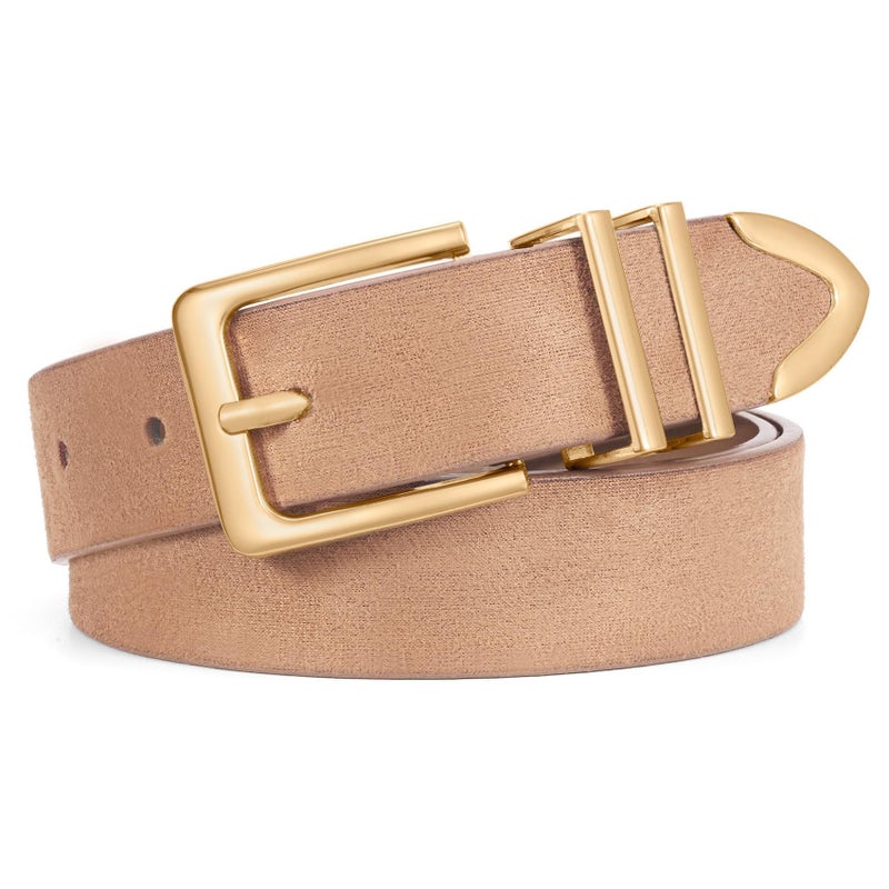 WHIPPY Women Suede Belt with Gold Buckle Fashion Ladies Casual Leather Belt for Jeans Pant Coats, Tan Shiny-Gold, S - Image 1