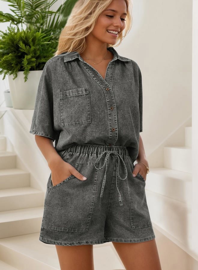 Zilcremo Womens 2 Piece Outfits Summer Denim Sets Short Sleeve Button Down Crop Jean Shirts High Waist Denim Shorts Sets, Grey Black, M - Image 2