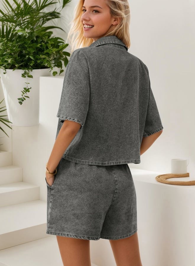 Zilcremo Womens 2 Piece Outfits Summer Denim Sets Short Sleeve Button Down Crop Jean Shirts High Waist Denim Shorts Sets, Grey Black, M - Image 3