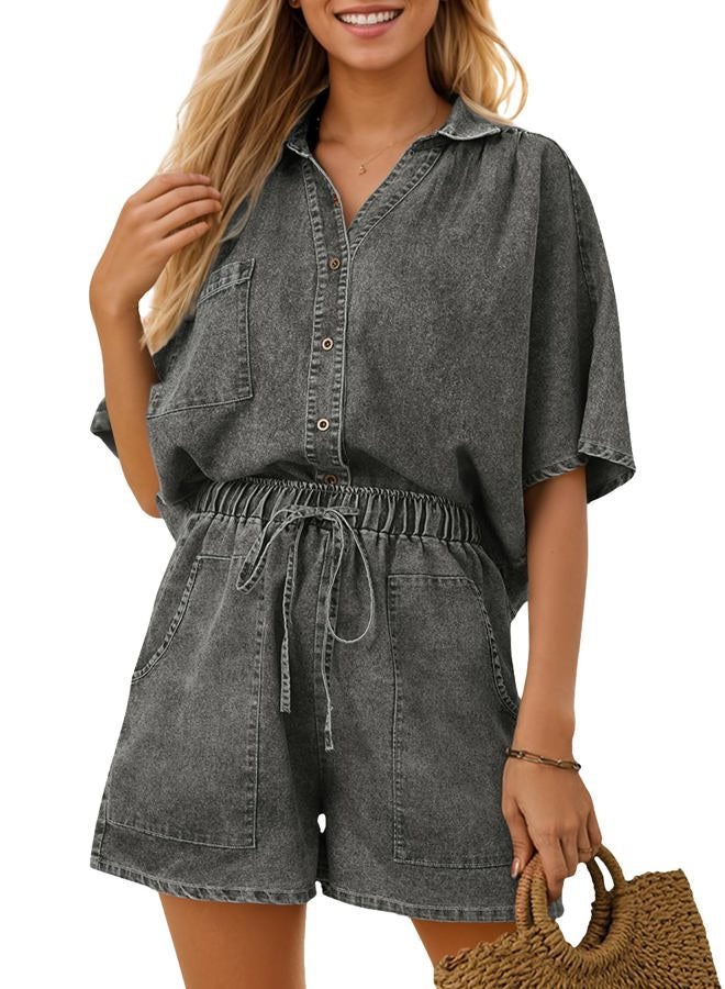 Zilcremo Womens 2 Piece Outfits Summer Denim Sets Short Sleeve Button Down Crop Jean Shirts High Waist Denim Shorts Sets, Grey Black, M - Image 1