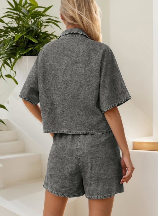 Zilcremo Womens 2 Piece Outfits Summer Denim Sets Short Sleeve Button Down Crop Jean Shirts High Waist Denim Shorts Sets, Grey Black, M - Image 4