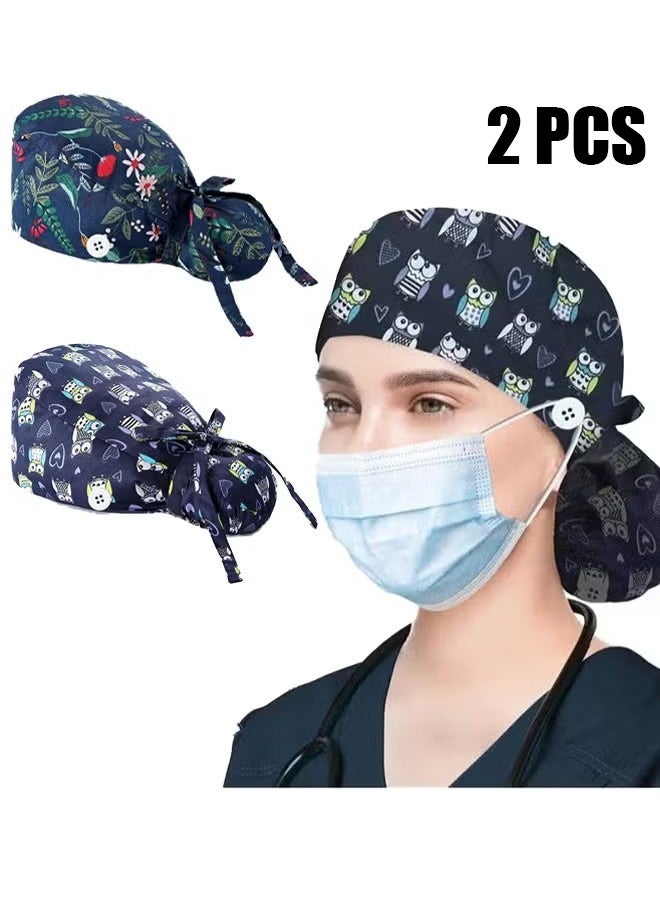 HY 2 Pack Surgical Caps for Long Hair, Adjustable Elastic Nursing Cap with Button and Sweatband, Ponytail Pouch Tie Back Hats for Nurses Hat - Image 1