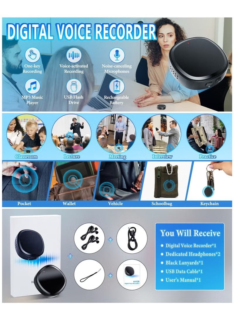 64GB Digital Magnetic Voice Recorder with Speaker Instant Playback and USB Flash Drives- Recording Device Records with 750 Hours Voice Activated Recorder Portable Tape Recorder Small Audio Recorder for Lectures Meetings Interviews