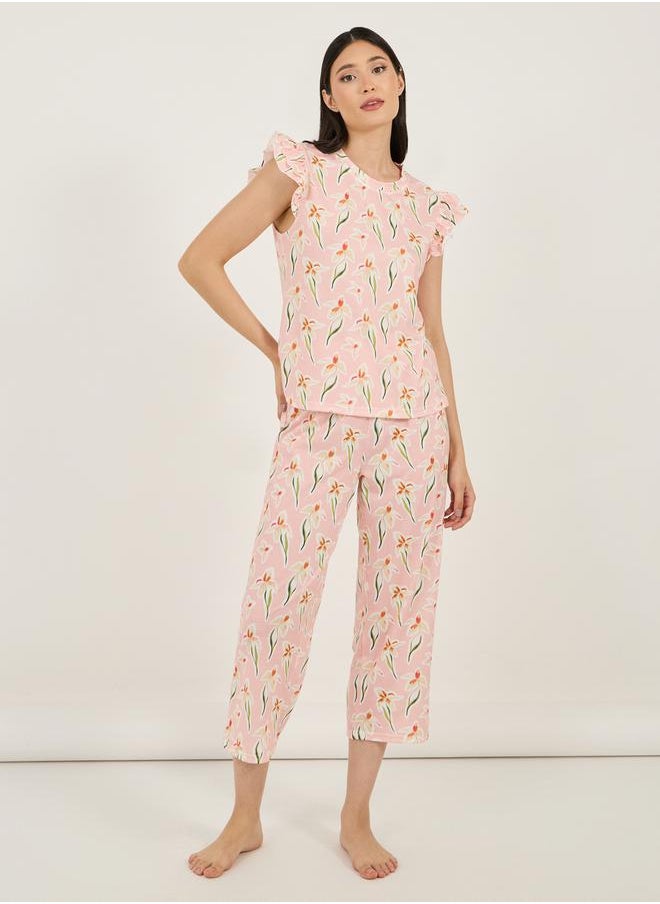 Styli All Over Floral Print Ruffled Sleeve T-Shirt & Capri Set  - Image 1