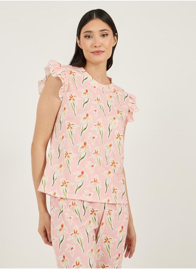 Styli All Over Floral Print Ruffled Sleeve T-Shirt & Capri Set  - Image 2