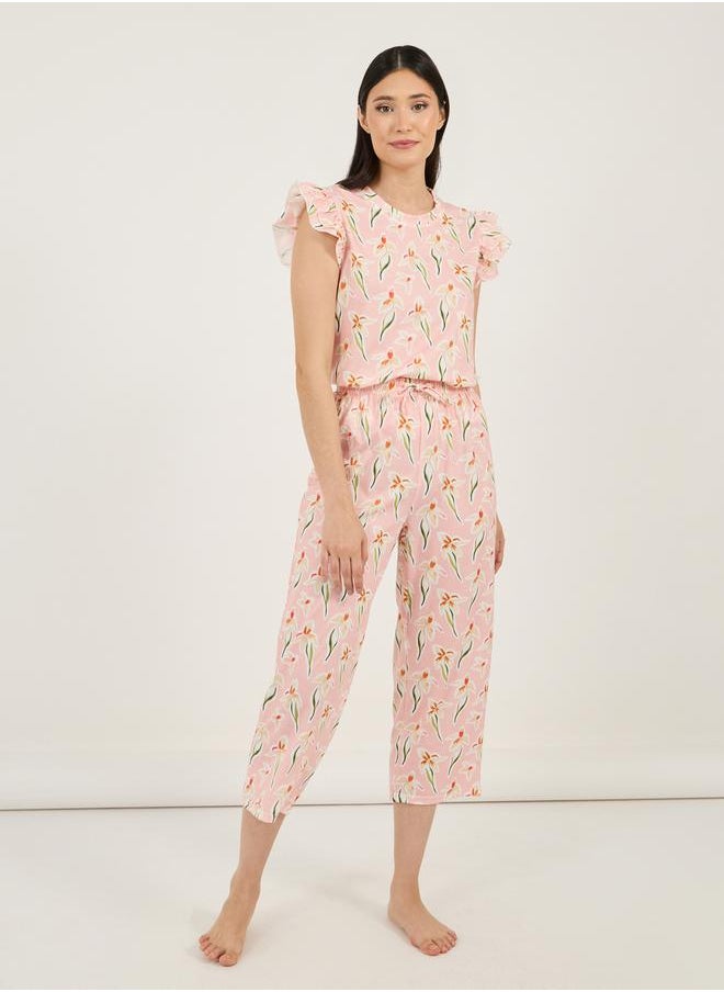 Styli All Over Floral Print Ruffled Sleeve T-Shirt & Capri Set  - Image 4